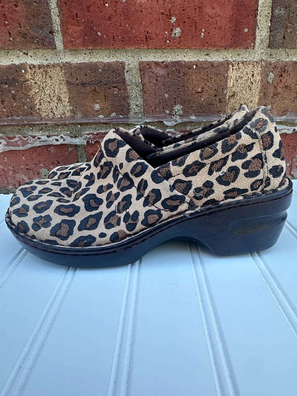 BOC BORN Leather Leopard Print Clog Shoes Brown Black Animal Print Slip-On Heel